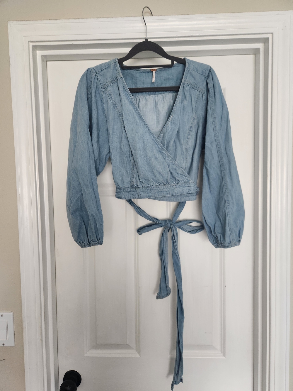 Free People Light Blue Chambray Wrap Crop Top with Tie